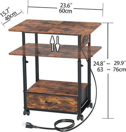DALEMHOME Printer Stand with Charging Station, 2-Tier Height Adjustable Printer Table with Power Outlets Ports, Mobile Printer Cart with Fabric Drawer & Lockable Wheels, for Home Office, Rustic Brown