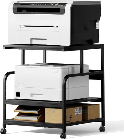 Warmiehomy Printer Stand, 24''×24''×29'' Large Printer Table for Home Office with Locking Casters, Sturdy 3-Tier Rolling Cart with Adjustable Shelf, Mini Fridge Stand, Home Office Essentials, Black