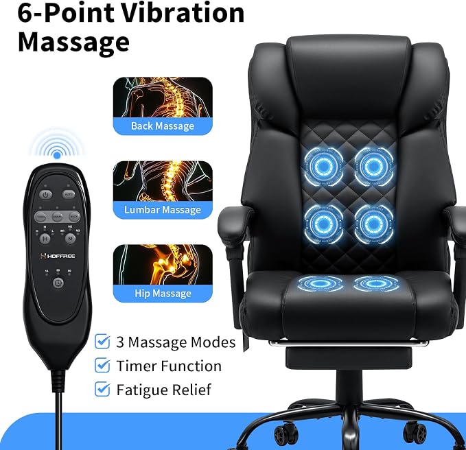 HOFFREE 400lbs Massage Office Chair with 6 Points Vibration Ergonomic Executive Office Chair with Foot Rest Reclining High Back Computer Desk Chairs Black