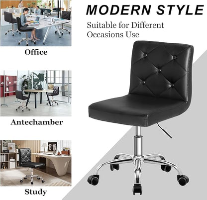VECELO PU Leather Mid-Back Armless Vanity Chair Adjustable Height 360° Rolling Swivel for Home Office Work