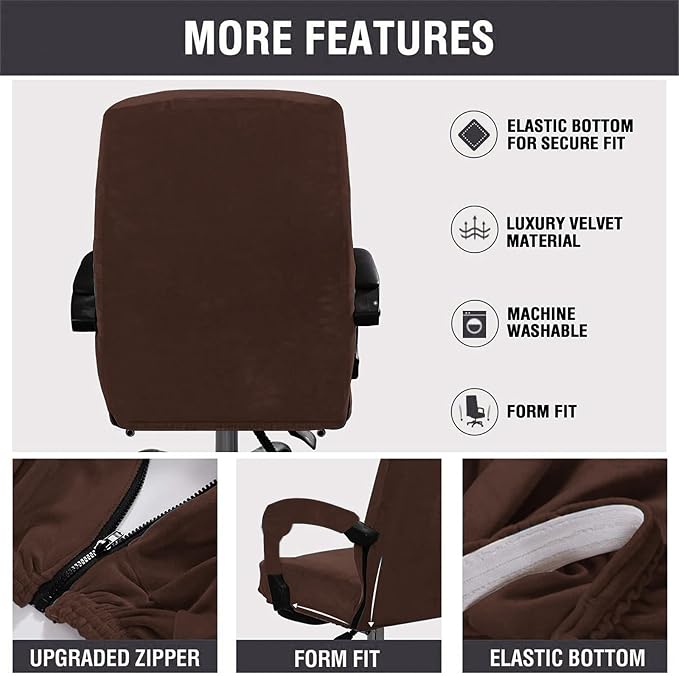 Velvet Plush Office Desk Chair Cover, Coffee, XL | Cat Proof, Stretchable Elastic, Fits Mesh and Executive Chairs, With Wheels and Armrests, Removable