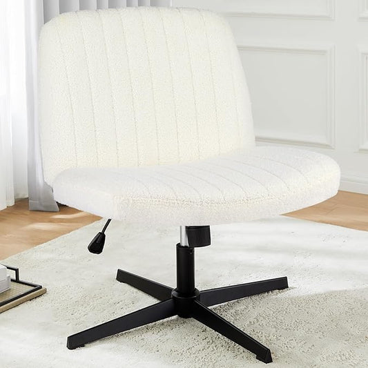 DUMOS Criss Cross Chair No Wheels, Cross Legged Office Desk Armless Vanity Chair Wide Seat, Height Adjustable Swivel Task Computer Chairs for Home Bedroom, Beige Teddy