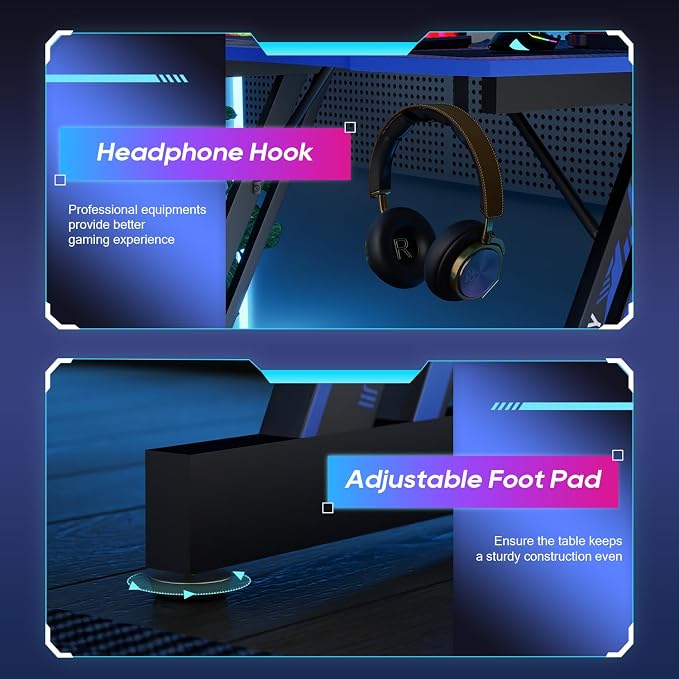 BestOffice Gaming Desk 35 in PC Computer Desk Z Shaped Gaming Workstation Ergonomic Gaming Table with Headphone Hook for Home Office,Black&Blue