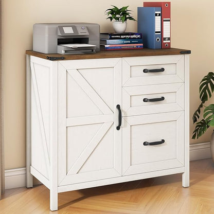 Halitaa Lateral File Cabinet with 3 Drawers, Farmhouse File Cabinet for Letter/A4 Size Hanging Files, Large Wood File Storage Cabinets Printer Stand for Home Office Furniture, Rustic White