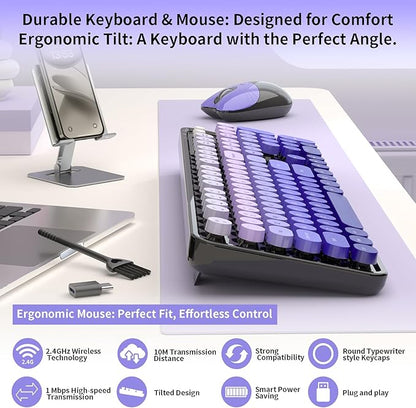 Wireless Keyboard and Mouse, 104 Round Keycaps Retro Typewriter with OTG & Brush, Full-Size Ergonomic, Ideal for Windows PC, Home, Office and College Purple Pink