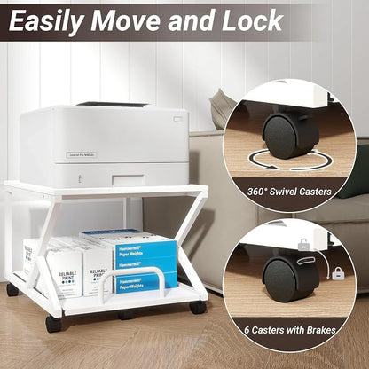Natwind 2 Tier Printer Stand,19.7''x19.7'',with Pull Out Shelf,White | Easy Reach for Lower Shelf Items,Rolling Printer Cart with Wheels,Fits Under Desk,Supports 180lbs,for Home Office Kitchen