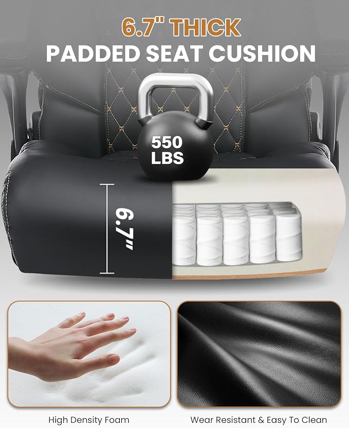 550LBS Big and Tall Office Chair for Heavy People,Ergonomic Office Chair with Padded Flip-Up Arms and Adjustable Lumbar Support,High Back Executive Leather Desk Chair with Rocking Function