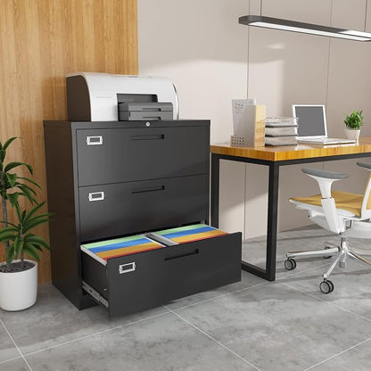 BYNSOE Lateral File Cabinet with Lock,Metal Filing Cabinet with 3 Drawer,Steel Lateral File Cabinet for Legal/Letter A4 Size,Wide File Cabinet for Office Home,Assembly Required