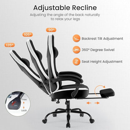 Sweetcrispy Computer Gaming Chair: Ergonomic Desk Chair with Footrest and Lumbar Support, High Back Height Adjustable with Linkage Armrests and Headrest, 360° Swivel Wheels, Black