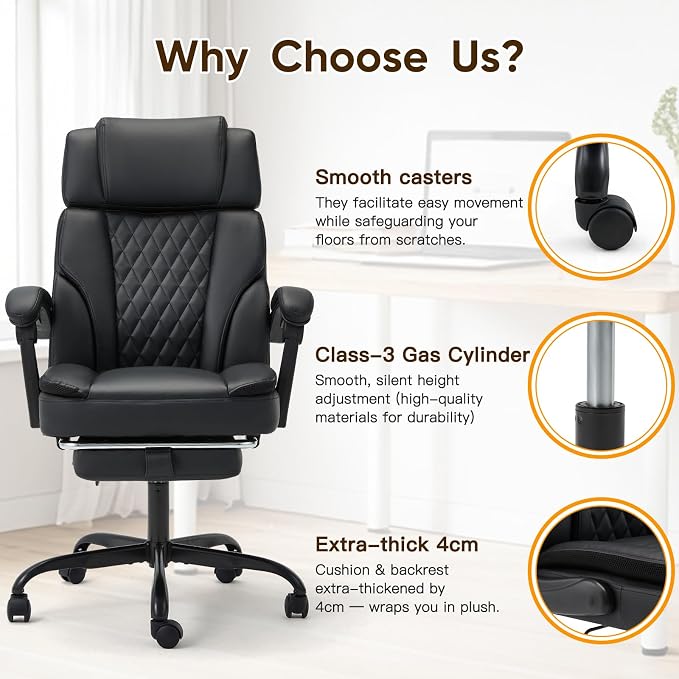 ECOTOUGE Executive Office Chair, Ergonomic Big and Tall Desk Chair with Adjustable Headrest,High PU Leather Comfy Heavy Duty Computer Chair with Foot Rest, Black