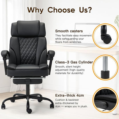 ECOTOUGE Executive Office Chair, Ergonomic Big and Tall Desk Chair with Adjustable Headrest,High PU Leather Comfy Heavy Duty Computer Chair with Foot Rest, Black