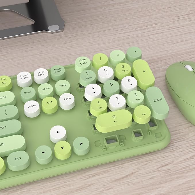 UBOTIE Colorful Wireless Keyboard and Mouse Combos, Retro Typewriter Floating Flexible Full-Sized Keys Computer Keyboard with Optical Mouse, 2.4GHz USB-A Connection for Windows Mac (Green-Colorful)