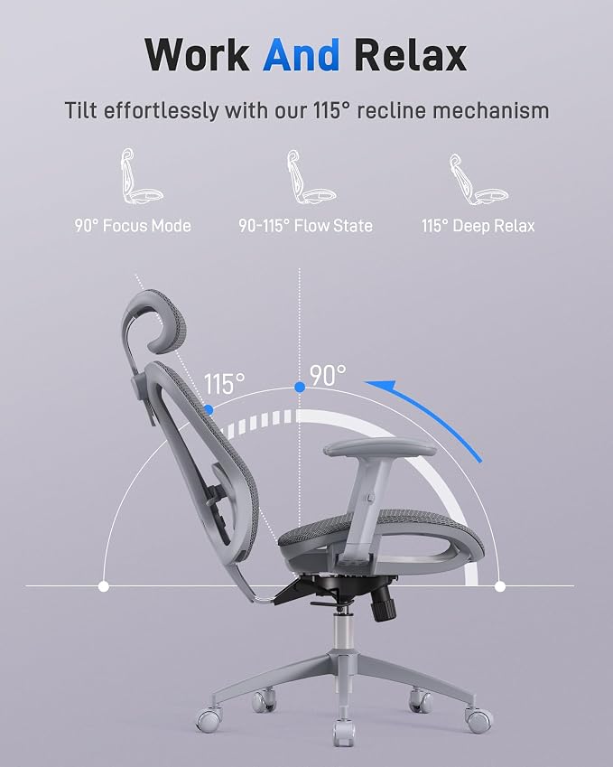 amseatec Ergonomic Office Desk Chair, Comfortable Computer Gaming Chair, Breathable Mesh Back & Seat, Adjustable Armrest & Headrest, Lumbar Support, Butterfly Design for Home Office, Gray