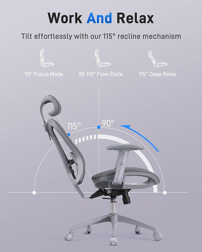 amseatec Ergonomic Office Desk Chair, Comfortable Computer Gaming Chair, Breathable Mesh Back & Seat, Adjustable Armrest & Headrest, Lumbar Support, Butterfly Design for Home Office, Gray