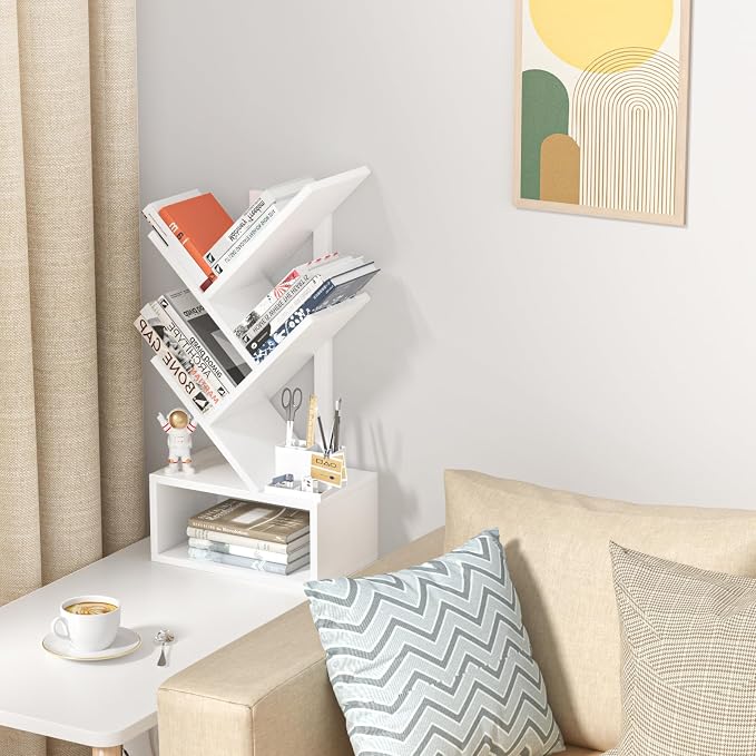SHEEPAM Small Tree Book Shelf,5 Tier Black Tree Bookshelf,White Desktop Bookcase,Modern Desk Display Storage Bookshelves,Floor Standing Organizer Bookcases for Living Room,Bedroom,Office