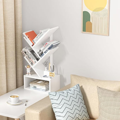 SHEEPAM Small Tree Book Shelf,5 Tier Black Tree Bookshelf,White Desktop Bookcase,Modern Desk Display Storage Bookshelves,Floor Standing Organizer Bookcases for Living Room,Bedroom,Office