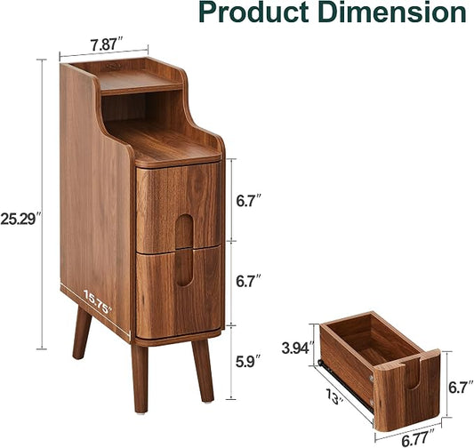 Narrow End Table Living Room, Wooden Small 2 Drawer Nightstand Bedroom, Thin Couch Side End Table, Vintage Skinny Bedside Table Small Spaces, Mid Century Modern Night Stand with Drawers (Walnut-1 pc)