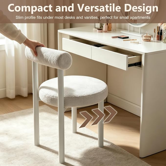 Cute Small Armless Desk Chair, Ergonomic Comfy Vanity Chairs Lumbar Support with Back for Makeup, Teddy Fabric Computer Desk Chair for Home, Bedroom, Vanity, Teens, Adults
