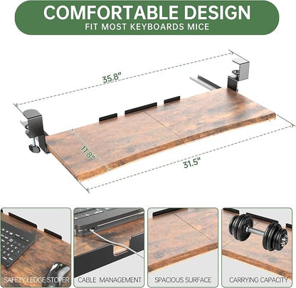 UPGRAVITY Extra Large Keyboard Tray Under Desk - Slide Out with Sturdy C-Clip Mount System, Extra Wide 31.5" (35.8" Including Clamps) x 11.8" Pull-Out Keyboard Computer Drawer, Rustic Vintage Brown