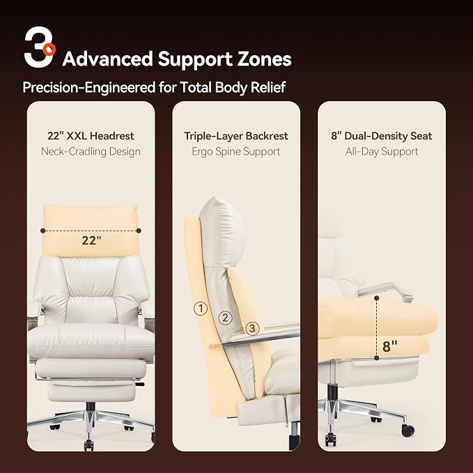 OKUP M76 160° Reclining Executive Office Chair with Footrest, Adjustable Seat Depth Leather Office Chair, 8" Thick Sofa-Like Cushion, 420 lb Reinforced High Back Desk Chair for Home Office, Cream
