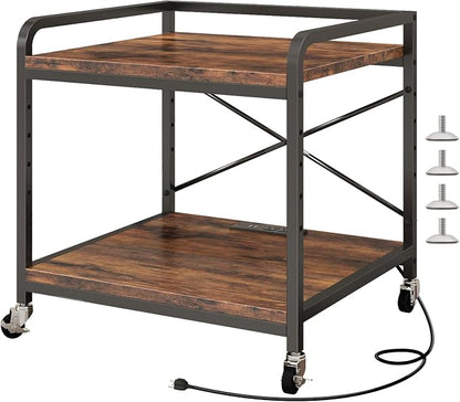 METYERRY Under Desk Printer Stand with Power Outlet,2 Tier Large Printer Table with Adjustable Shelf,Rolling Printer Cart with Industrial Wheels for Home Office,20"×20" Rustic Brown