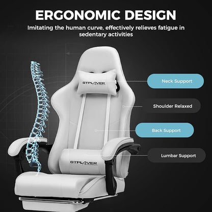 GTPLAYER Gaming Chair with Footrest, Computer Chair with and Lumbar Support, Height Adjustable Game Chair with 360°-Swivel Seat and Headrest and for Office or Gaming (All Light Gray-Fabric)