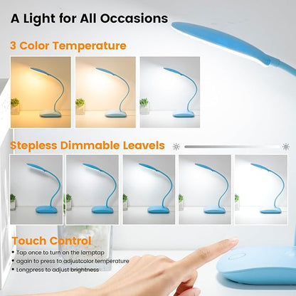 Battery Powered Desk Lamp, Portable Lamps Rechargeable 3 Color Modes Touch Control Stepless Dimming, Wireless Desk Lamp with 2000mAh, Small LED Table Light for Dorm Study Office Bedroom,Blue