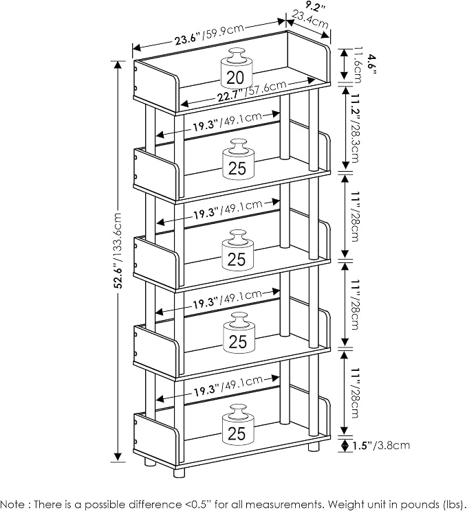 Furinno TURN-N-TUBE 4-Tier Display Shelf, Storage Shelves, Book Shelf, Open Shelves with Rounded Corner Top Edges, for Organization and Storage, Living Room, Home Office, French Oak