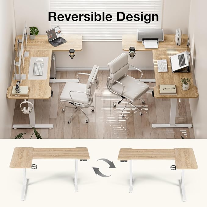 Acrolix L Shaped Electric Standing Desk - 51x31.5 Inch Reversible Corner Sit Stand Desk with Hook&Cup Holder,Electric Height Adjustable Table,for Small Home Office&Bedroom Computer Desk, Oak