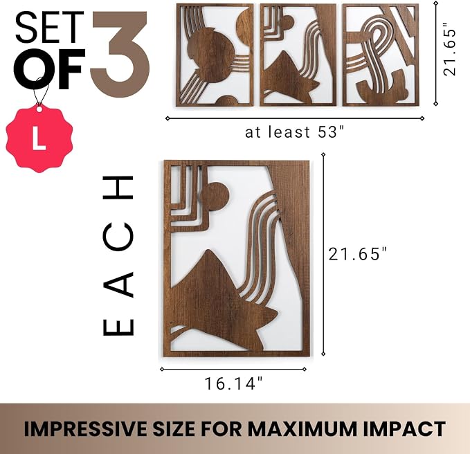 qmmp Modern Wooden Wall Sculptures - Set of 3 - Home Decor Accent - Large Wall Art for Living Room, Bedroom, Office - Easy Installation (Walnut, Large - Abstract Shapes)