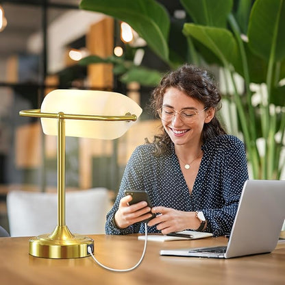 Vintage Desk Lamp Bankers Lamp - Plastic Lampshade Retro Table Lamp with USB & Type C Charging Ports Traditional Library Lamp for Home Office Nightstand Bedroom Side Table Lamp(T45 Bulb Included)