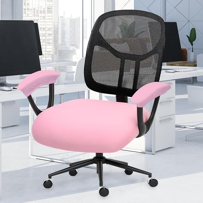 Stretchable Office Chair Seat Cushion Covers with Armrest Covers - Universal Spandex Computer Chair Slipcover - Removable Washable Cushion Protectors Anti-scratch for Dogs, Cats, Pets (Pink)