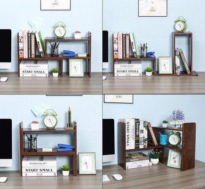 PAG Desk Organizer Desktop Shelf Adjustable Countertop Bookshelf Small Table Shelves Book Organizer Office Organization for Desk, Antique Brown