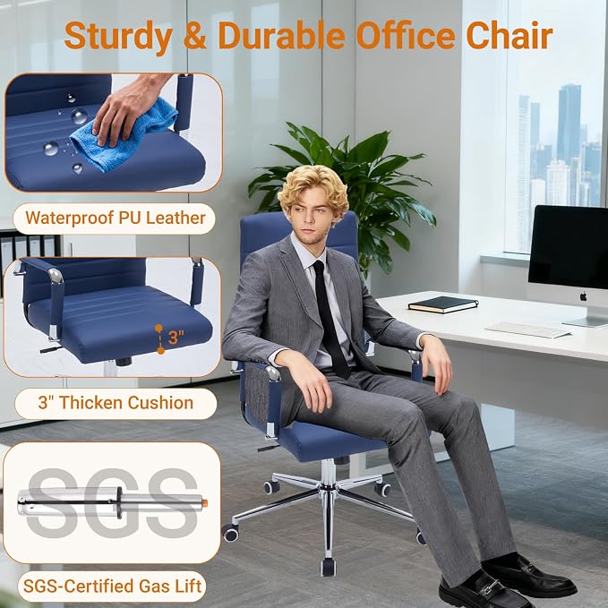 Sidanli Ergonomic Desk Chairs, Executive Swivel Faux Leather High Back Chair with Comfortable Lumbar Support and Smooth Rolling Wheels for Office, Navy Blue