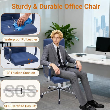 Sidanli Ergonomic Desk Chairs, Executive Swivel Faux Leather High Back Chair with Comfortable Lumbar Support and Smooth Rolling Wheels for Office, Navy Blue