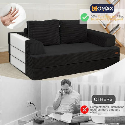 COMAX Futon Sofa Bed, Convertible Folding Sofa Bed, Boneless Couch Loveseat Corduroy with Pillows, Small Foldable Floor Couch Comfy Lounge Sleeper for Living Room Bedroom, Black