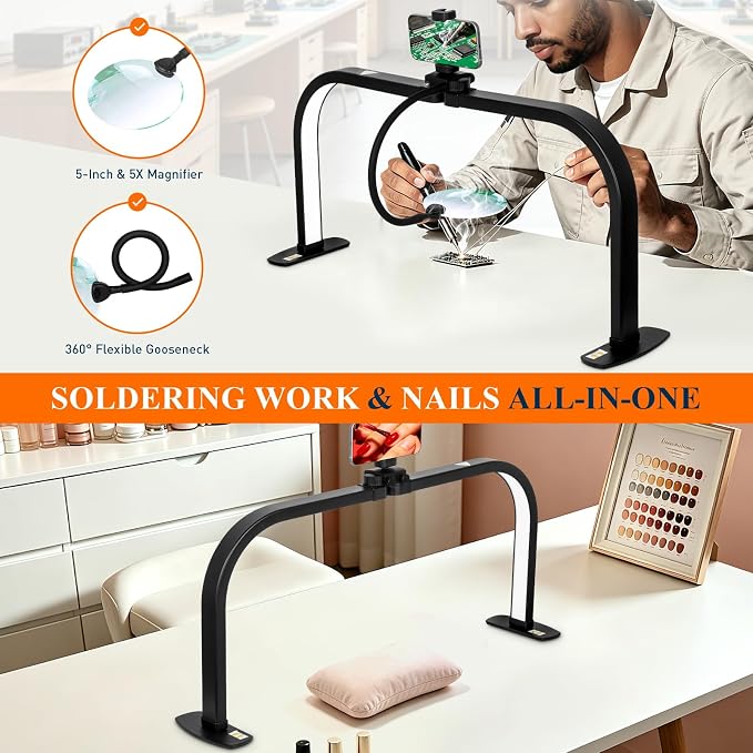 Half Moon Nail Light for Desk with 5X Magnifier & Phone Holder, LED Arch Tech Lamp 30" Foldable for Manicure Eyelash Extensions Tattoo Facial Salon Craft, 2700LM Multiple Brightness 3000-6000K