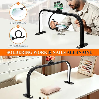 Half Moon Nail Light for Desk with 5X Magnifier & Phone Holder, LED Arch Tech Lamp 30" Foldable for Manicure Eyelash Extensions Tattoo Facial Salon Craft, 2700LM Multiple Brightness 3000-6000K