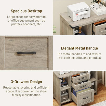 Befrases Farmhouse File Cabinet, Lateral Filing Cabinet with 3 Drawers for Letter/A4 Size Hanging Files, Large Wooden Printer Stand with Adjustable Shelves for Home Office, Rustic Grey
