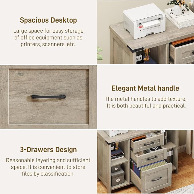 Halitaa 3 Drawer File Cabinet, Farmhouse Lateral Filing Cabinet Fits File Letter or A4 Size, Wooden Printer Stand with Open Storage Adjustable Shelf for Home Office, Grey