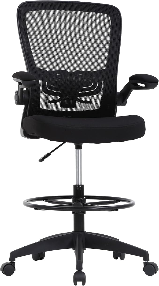 BestOffice Drafting Chair Tall Office Chair Adjustable Height with Lumbar Support Flip Up Arms Footrest Mid Back Task Mesh Desk Chair Computer Chair Drafting Stool for Standing Desk (B-Black)