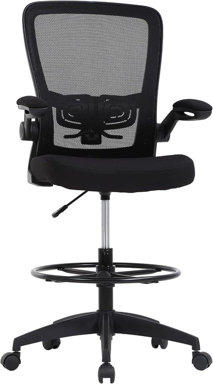 BestOffice Drafting Chair Tall Office Chair Adjustable Height with Lumbar Support Flip Up Arms Footrest Mid Back Task Mesh Desk Chair Computer Chair Drafting Stool for Standing Desk (B-Black)