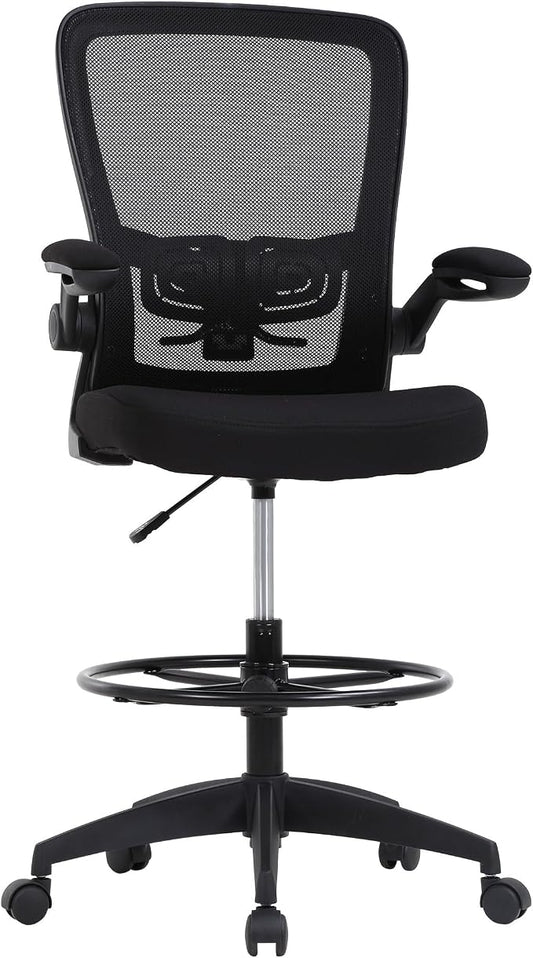 BestOffice Drafting Chair Tall Office Chair Adjustable Height with Lumbar Support Flip Up Arms Footrest Mid Back Task Mesh Desk Chair Computer Chair Drafting Stool for Standing Desk (B-Black)