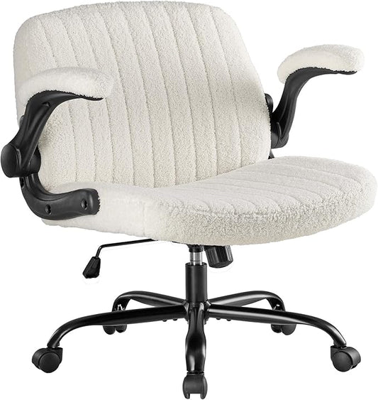 DUMOS Criss Cross Home Office Chair with Wheels, Wide Cross Legged Desk Vanity Chair Comfy Fabric Flip-Up Armrests Adjustable Swivel Chairs for Home Computer Bedroom, Beige