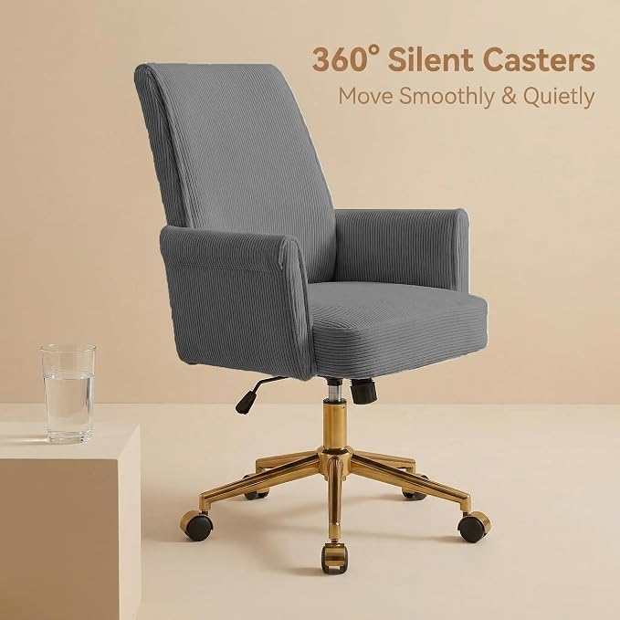 Striped Velvet Office Chair, 360° Swivel Ergonomic Task Chair with High Back, Gold Base and Wheels, Height Adjustable Modern Accent Chair for Home Office, Living Room, Study, Vanity Room (Gray)