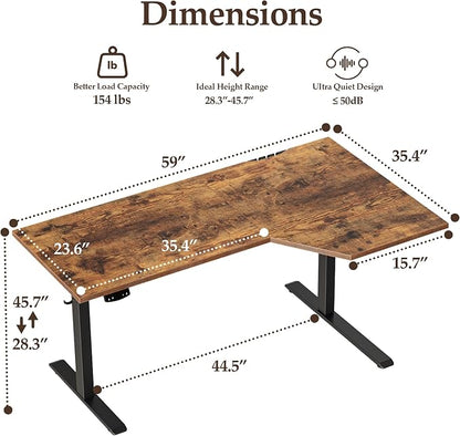 Klicelor L Shaped Standing Desk 59 x 35.4 Inch, Electric Height Adjustable Corner Desk for Home Office Workstation, Ergonomic Sit Stand Computer Table with Memory Controller, Rustic Brown