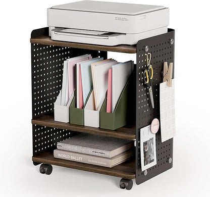 Fenge 3D Printer Stand, Heavy Duty Pegboard Storage Organizer with Adjustable Shelf, 22x18 Inch Rolling Printer Cart with Wheels, 3 Tier Home Office Stand