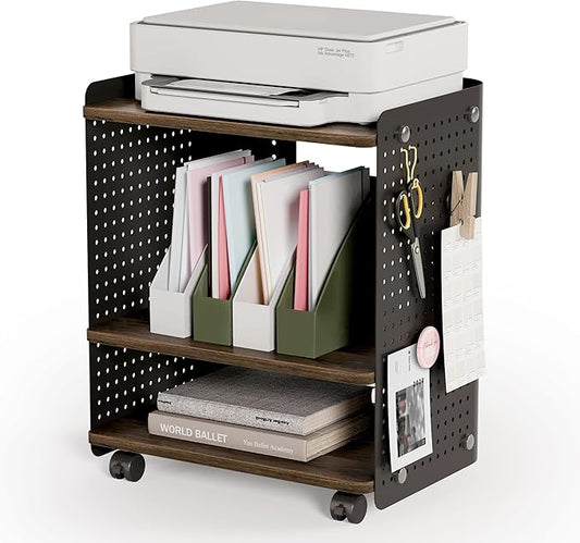 Fenge 3D Printer Stand, Heavy Duty Pegboard Storage Organizer with Adjustable Shelf, 22x18 Inch Rolling Printer Cart with Wheels, 3 Tier Home Office Stand