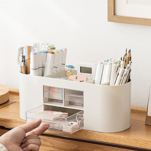 INSTOME Pencil Pen Holder for Desk with 3 Drawers - All-In-One Desk Organizer - Perfect Desk Accessories for Office Use - Stylish & Convenient Desk Organizers and Accessories (Beige)