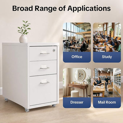 3-Drawer Vertical File Cabinet, 11*16*18.3in Rolling File Cabinet, Mobile Organizer Storage Cabinet with Lock, Office Filing Storage Cabinet Under Desk fits A4 Size, for Home Office (White)
